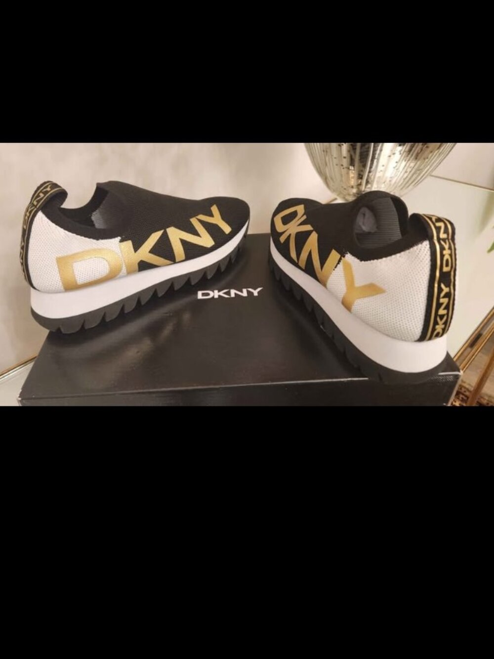 DKNY Slip On Runners- Black, White, Gold- Size 6.5. New in Box